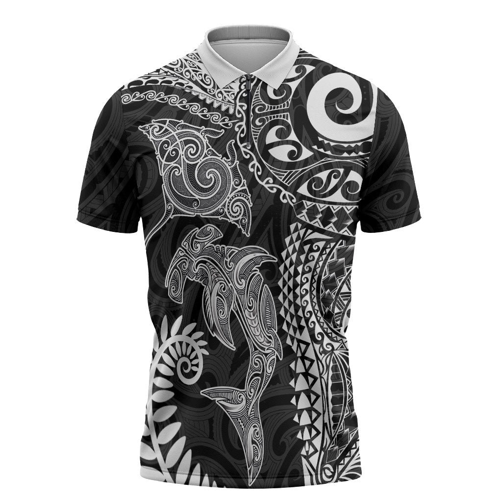 Aotearoa Maori Sea Animals Tribal Zipper Polo Shirt Manta Ray and Shark Moko Pattern Black Color