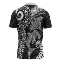 Aotearoa Maori Sea Animals Tribal Zipper Polo Shirt Manta Ray and Shark Moko Pattern Black Color
