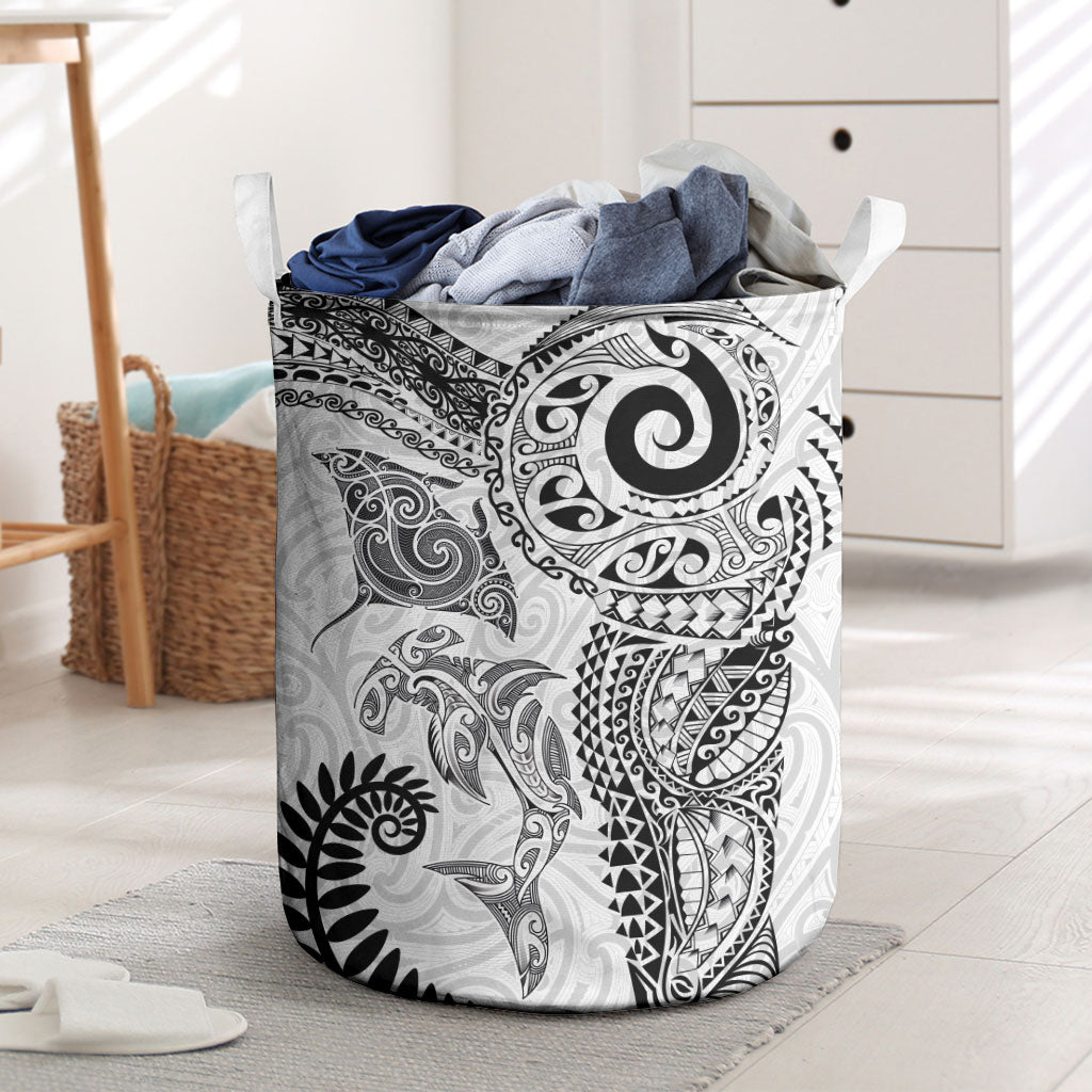 Aotearoa Maori Sea Animals Tribal Laundry Basket Manta Ray and Shark Moko Pattern White Color LT03 White - Polynesian Pride