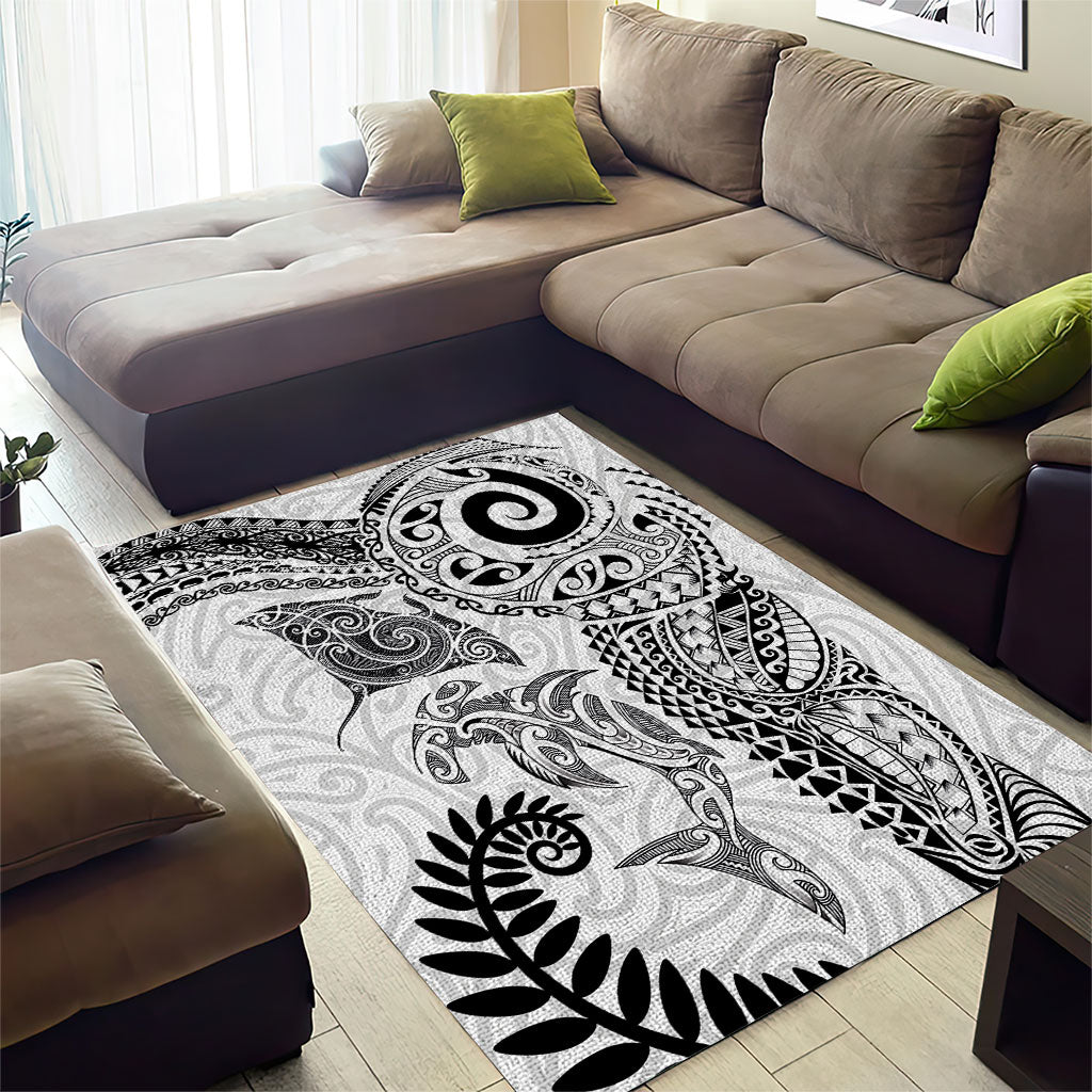 Aotearoa Maori Sea Animals Tribal Area Rug Manta Ray and Shark Moko Pattern White Color