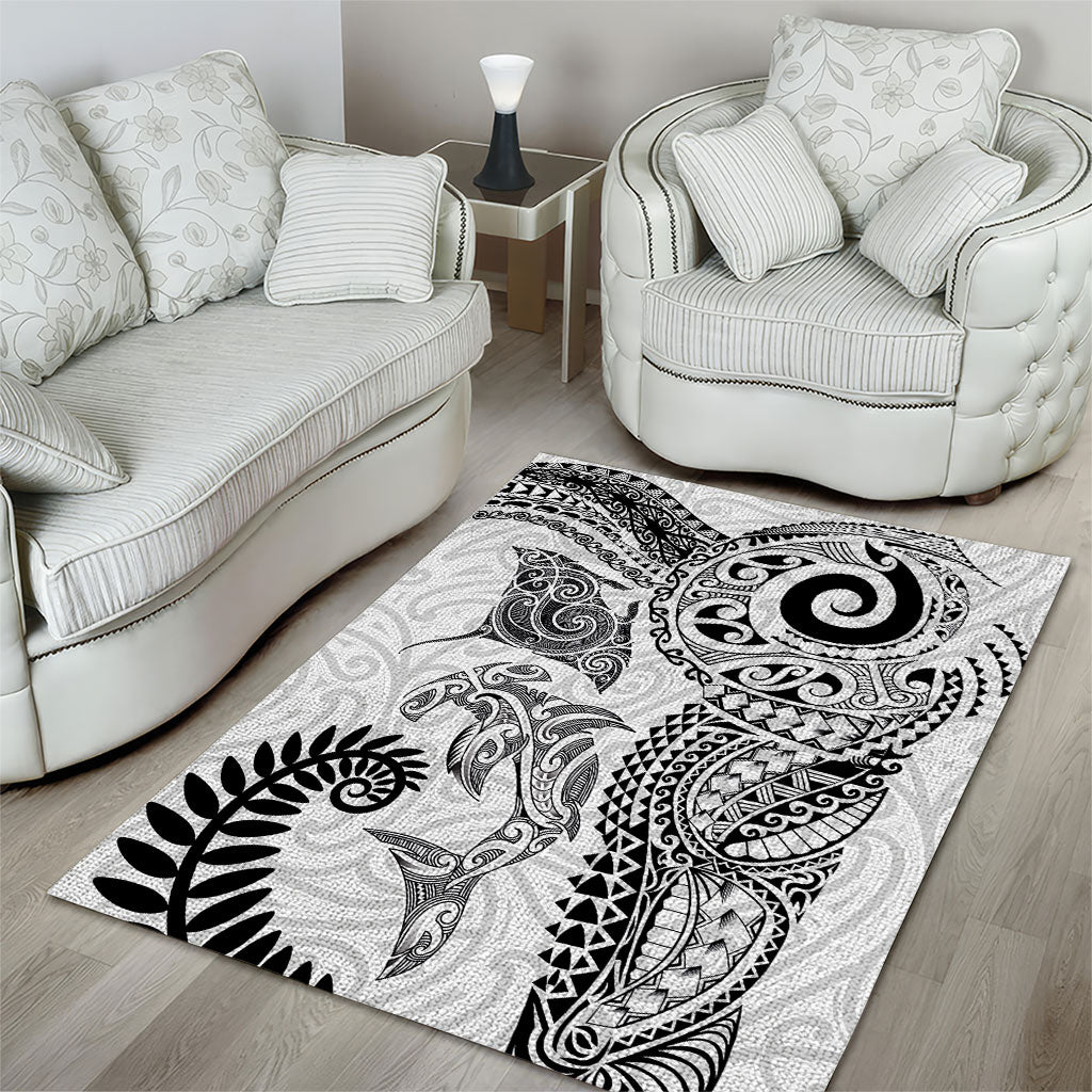 Aotearoa Maori Sea Animals Tribal Area Rug Manta Ray and Shark Moko Pattern White Color