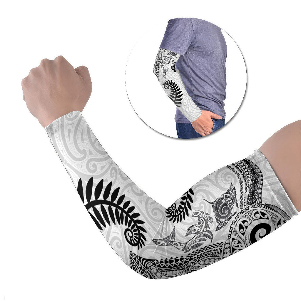 Aotearoa Maori Sea Animals Tribal Arm Sleeves Manta Ray and Shark Moko Pattern White Color
