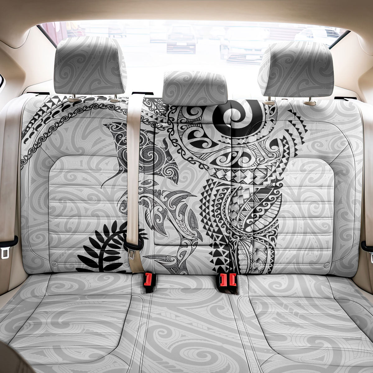 Aotearoa Maori Sea Animals Tribal Back Car Seat Cover Manta Ray and Shark Moko Pattern White Color