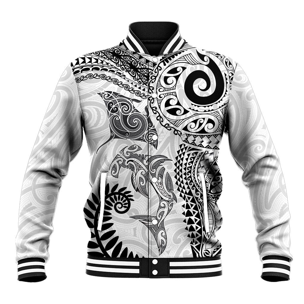 Aotearoa Maori Sea Animals Tribal Baseball Jacket Manta Ray and Shark Moko Pattern White Color LT03 Unisex White - Polynesian Pride
