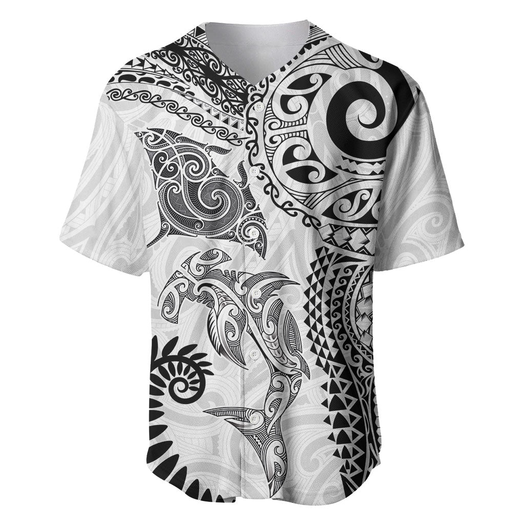 Aotearoa Maori Sea Animals Tribal Baseball Jersey Manta Ray and Shark Moko Pattern White Color LT03 White - Polynesian Pride