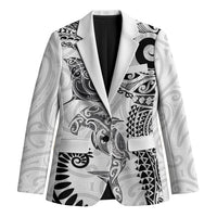 Aotearoa Maori Sea Animals Tribal Blazer Manta Ray and Shark Moko Pattern White Color