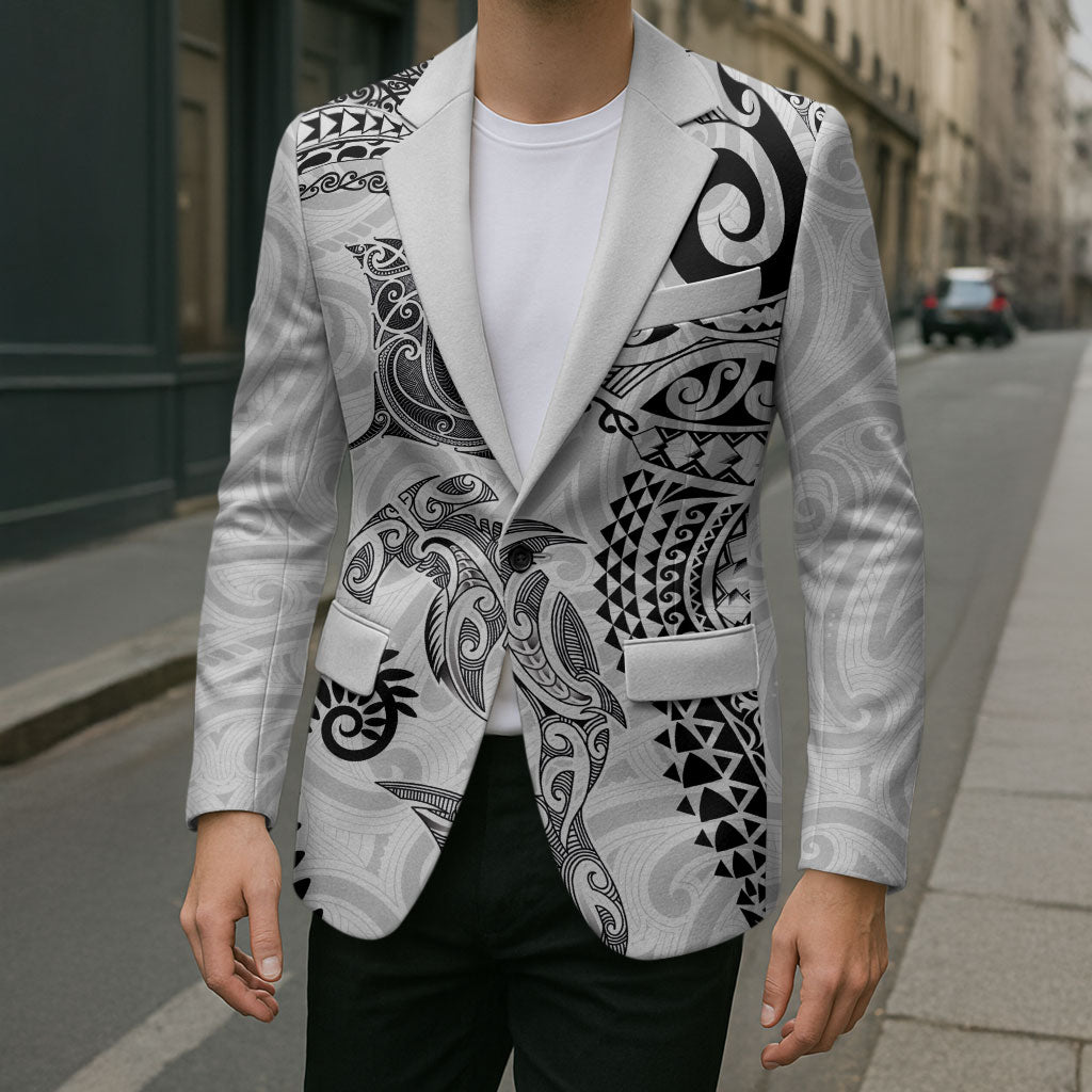 Aotearoa Maori Sea Animals Tribal Blazer Manta Ray and Shark Moko Pattern White Color