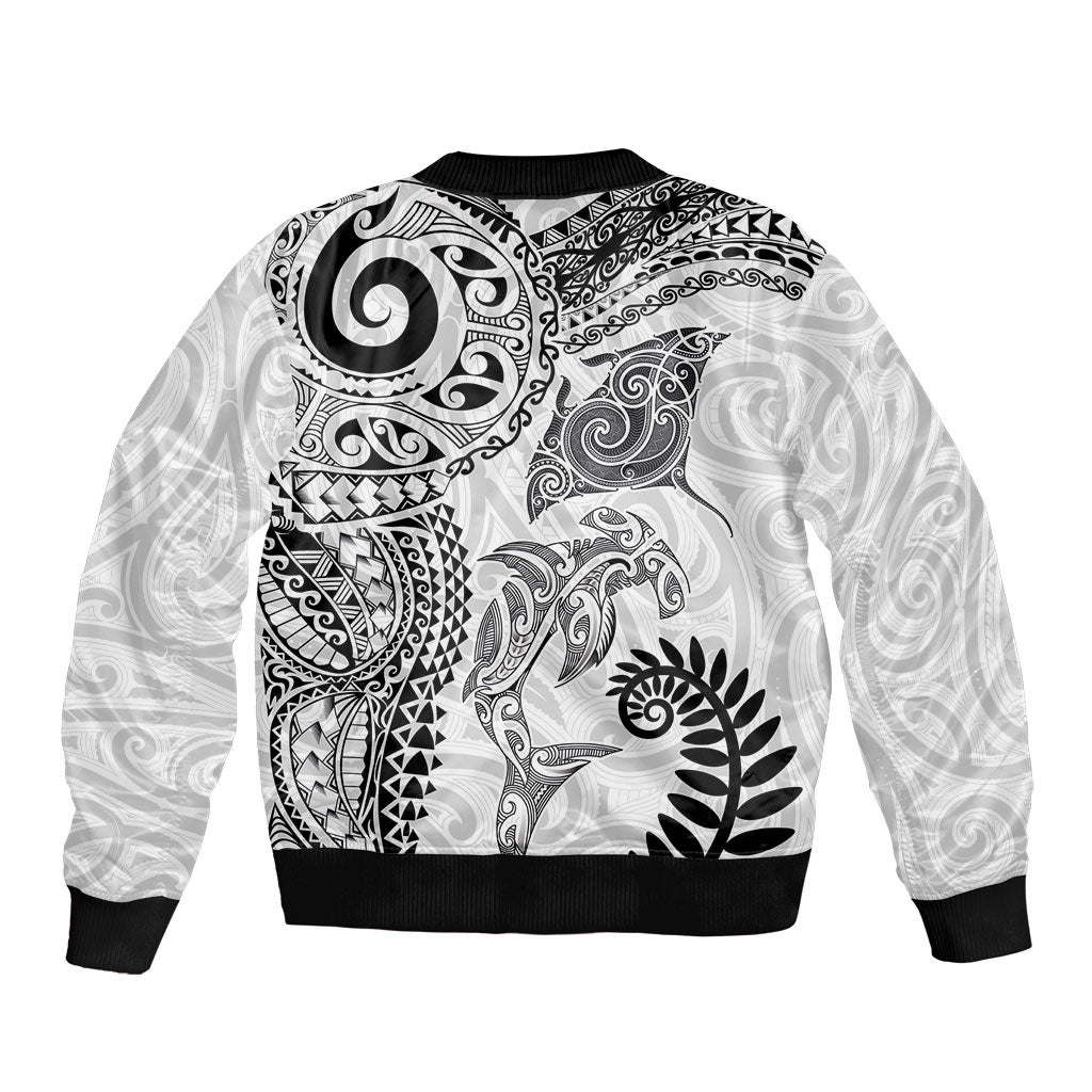 Aotearoa Maori Sea Animals Tribal Bomber Jacket Manta Ray and Shark Moko Pattern White Color