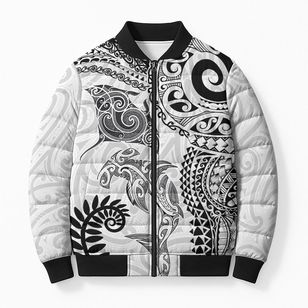 Aotearoa Maori Sea Animals Tribal Bomber Puffer Jacket Manta Ray and Shark Moko Pattern White Color
