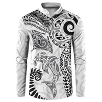 Aotearoa Maori Sea Animals Tribal Button Sweatshirt Manta Ray and Shark Moko Pattern White Color