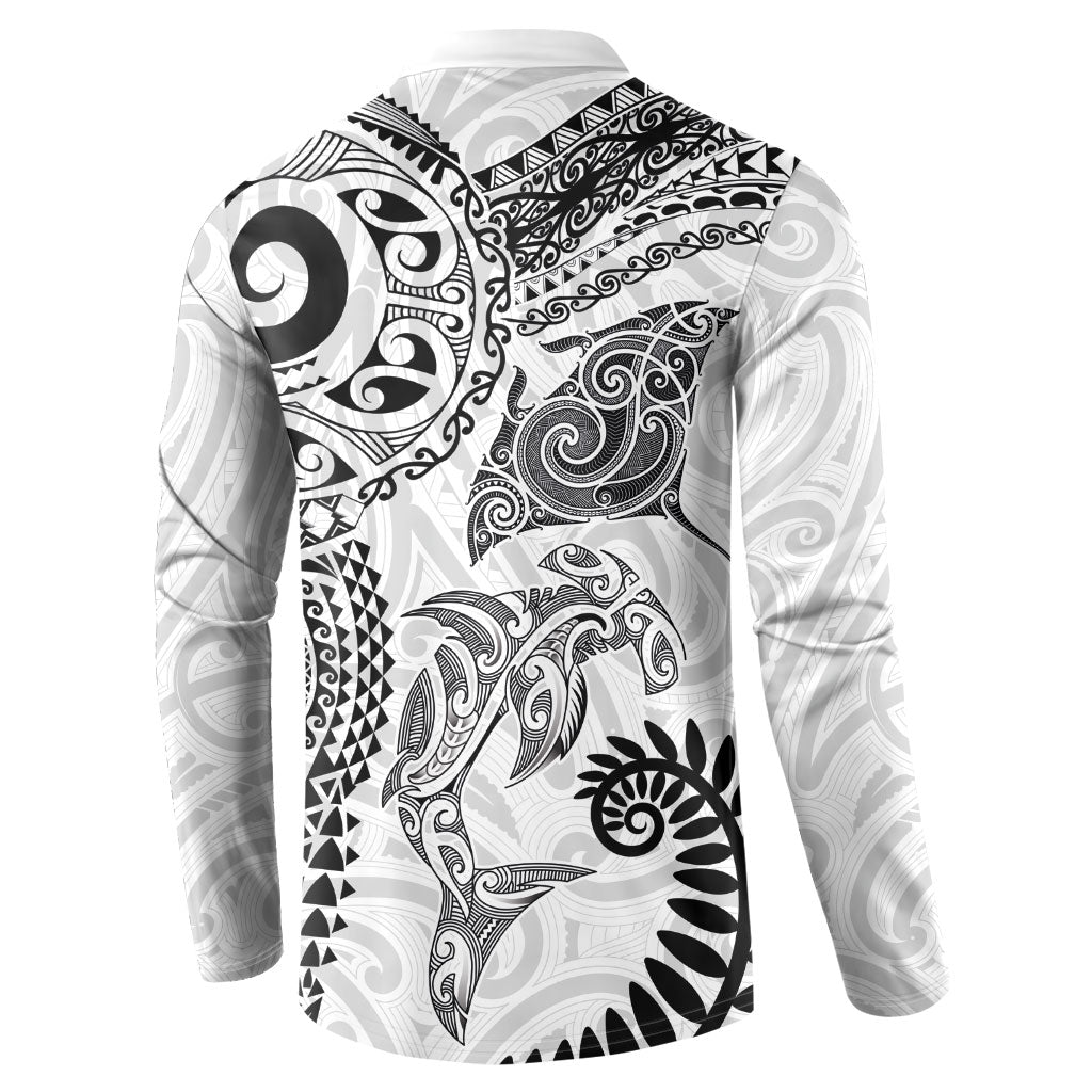 Aotearoa Maori Sea Animals Tribal Button Sweatshirt Manta Ray and Shark Moko Pattern White Color