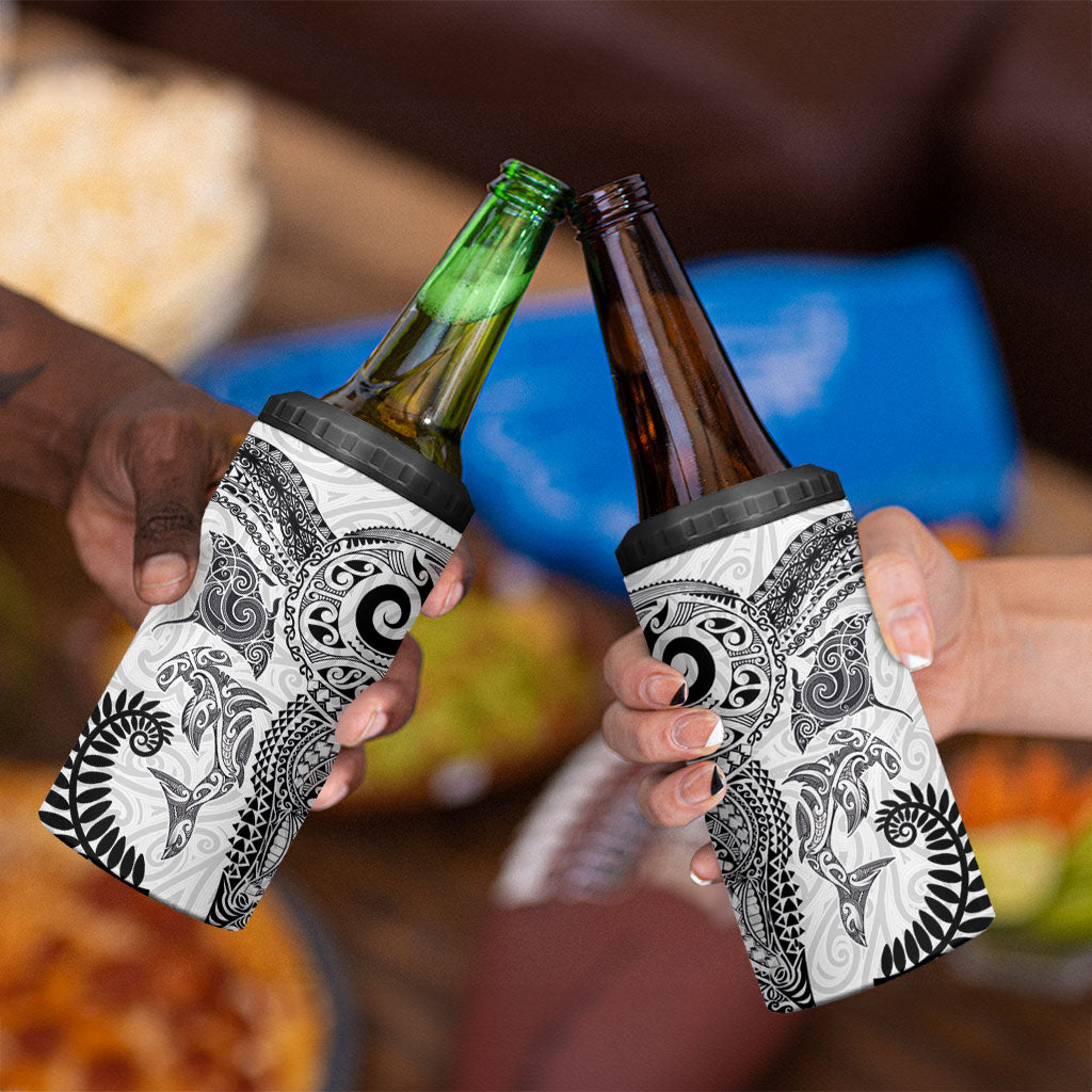 Aotearoa Maori Sea Animals Tribal 4 in 1 Can Cooler Tumbler Manta Ray and Shark Moko Pattern White Color
