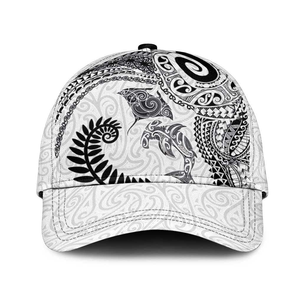 Aotearoa Maori Sea Animals Tribal Classic Cap Manta Ray and Shark Moko Pattern White Color
