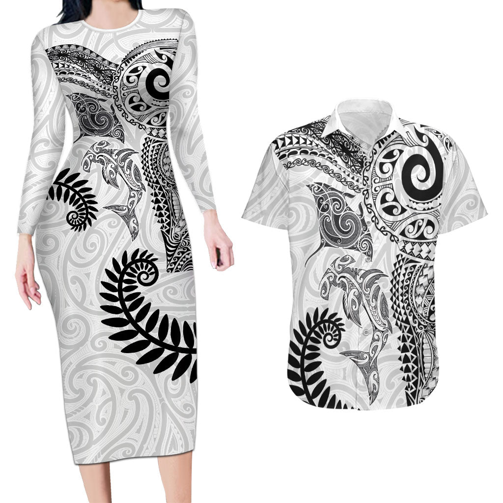 Aotearoa Maori Sea Animals Tribal Couples Matching Long Sleeve Bodycon Dress and Hawaiian Shirt Manta Ray and Shark Moko Pattern White Color LT03 White - Polynesian Pride