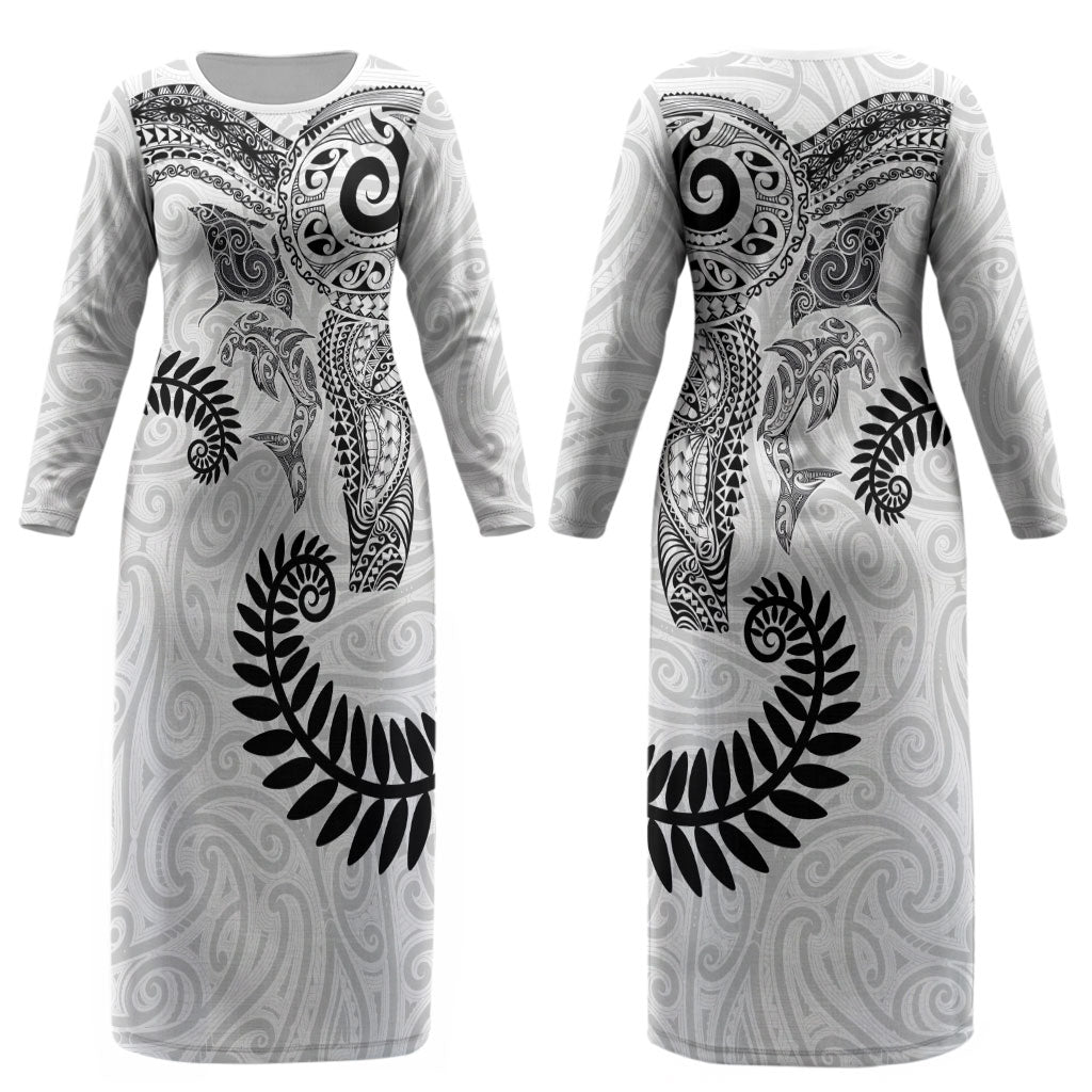 Aotearoa Maori Sea Animals Tribal Couples Matching Long Sleeve Bodycon Dress and Hawaiian Shirt Manta Ray and Shark Moko Pattern White Color LT03 - Polynesian Pride