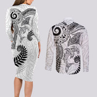 Aotearoa Maori Sea Animals Tribal Couples Matching Long Sleeve Bodycon Dress and Long Sleeve Button Shirt Manta Ray and Shark Moko Pattern White Color