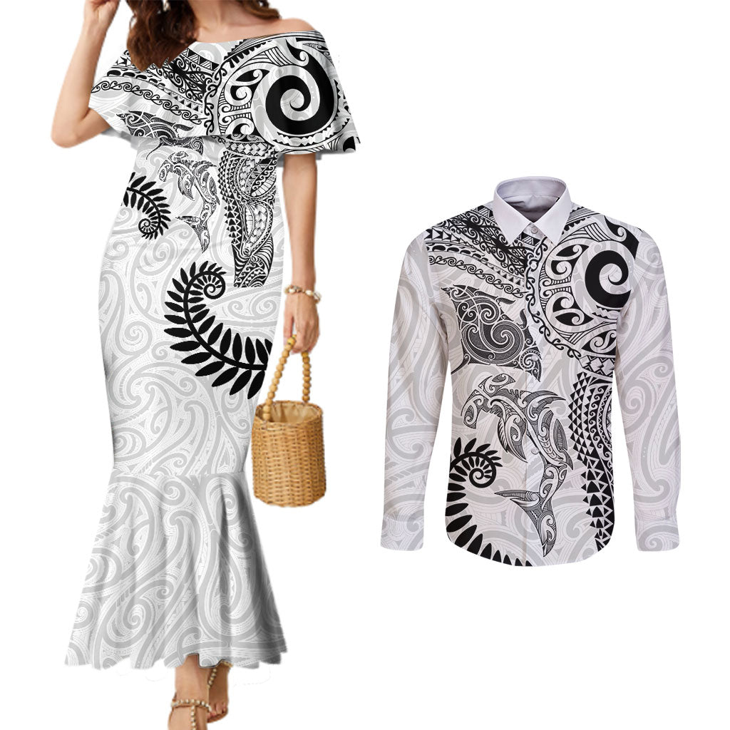 Aotearoa Maori Sea Animals Tribal Couples Matching Mermaid Dress and Long Sleeve Button Shirt Manta Ray and Shark Moko Pattern White Color