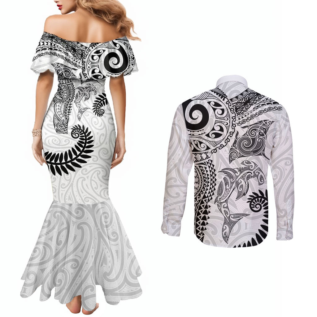 Aotearoa Maori Sea Animals Tribal Couples Matching Mermaid Dress and Long Sleeve Button Shirt Manta Ray and Shark Moko Pattern White Color