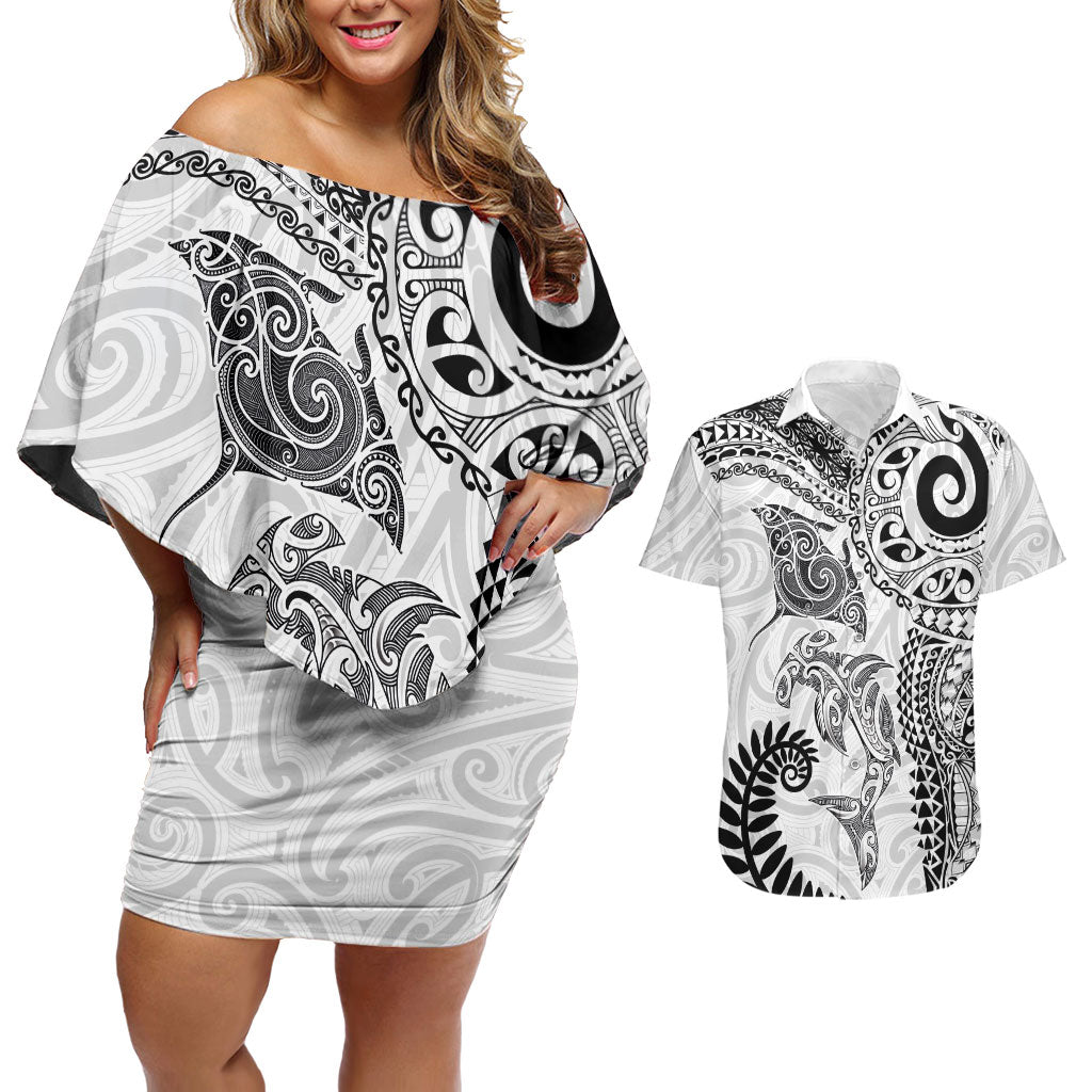 Aotearoa Maori Sea Animals Tribal Couples Matching Off Shoulder Short Dress and Hawaiian Shirt Manta Ray and Shark Moko Pattern White Color