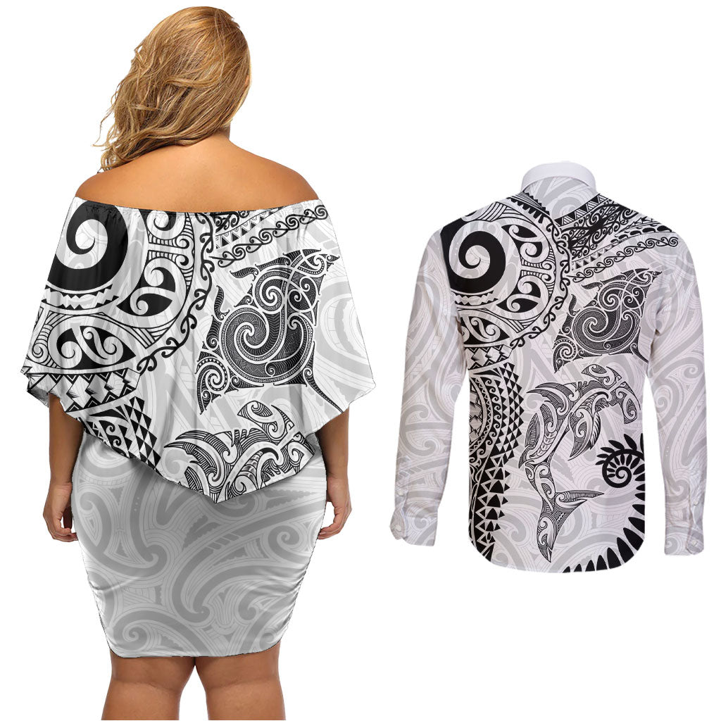 Aotearoa Maori Sea Animals Tribal Couples Matching Off Shoulder Short Dress and Long Sleeve Button Shirt Manta Ray and Shark Moko Pattern White Color