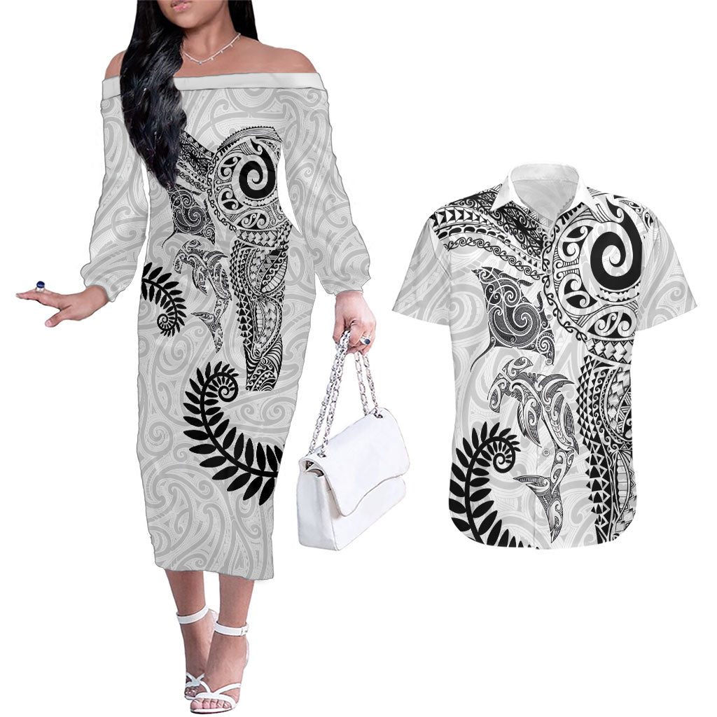 Aotearoa Maori Sea Animals Tribal Couples Matching Off The Shoulder Long Sleeve Dress and Hawaiian Shirt Manta Ray and Shark Moko Pattern White Color
