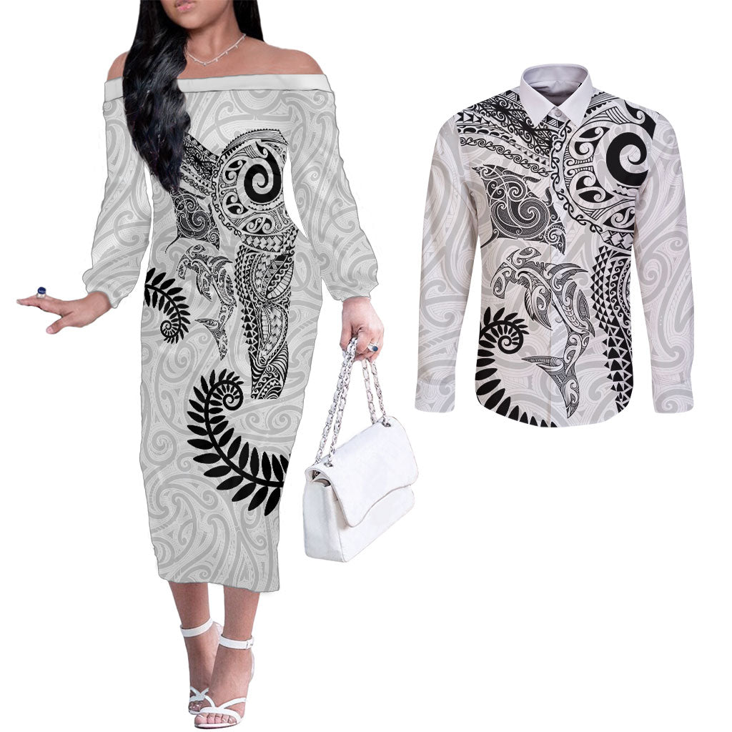 Aotearoa Maori Sea Animals Tribal Couples Matching Off The Shoulder Long Sleeve Dress and Long Sleeve Button Shirt Manta Ray and Shark Moko Pattern White Color