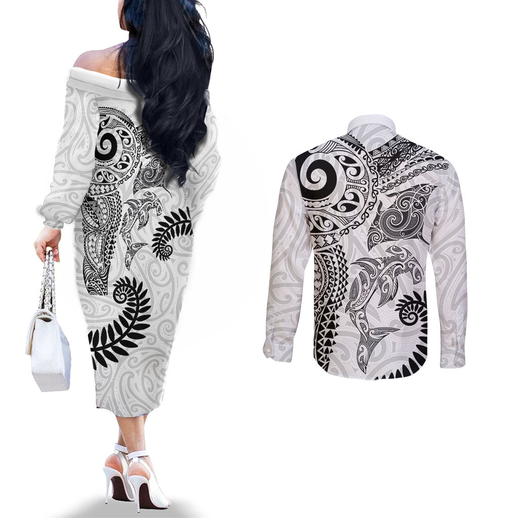 Aotearoa Maori Sea Animals Tribal Couples Matching Off The Shoulder Long Sleeve Dress and Long Sleeve Button Shirt Manta Ray and Shark Moko Pattern White Color