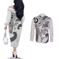 Aotearoa Maori Sea Animals Tribal Couples Matching Off The Shoulder Long Sleeve Dress and Long Sleeve Button Shirt Manta Ray and Shark Moko Pattern White Color