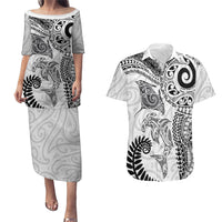 Aotearoa Maori Sea Animals Tribal Couples Matching Puletasi and Hawaiian Shirt Manta Ray and Shark Moko Pattern White Color