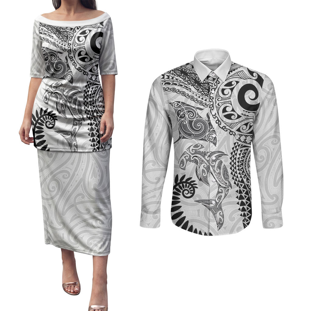 Aotearoa Maori Sea Animals Tribal Couples Matching Puletasi and Long Sleeve Button Shirt Manta Ray and Shark Moko Pattern White Color LT03 White - Polynesian Pride