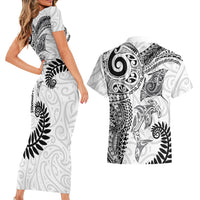 Aotearoa Maori Sea Animals Tribal Couples Matching Short Sleeve Bodycon Dress and Hawaiian Shirt Manta Ray and Shark Moko Pattern White Color