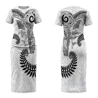 Aotearoa Maori Sea Animals Tribal Couples Matching Short Sleeve Bodycon Dress and Hawaiian Shirt Manta Ray and Shark Moko Pattern White Color LT03 - Polynesian Pride