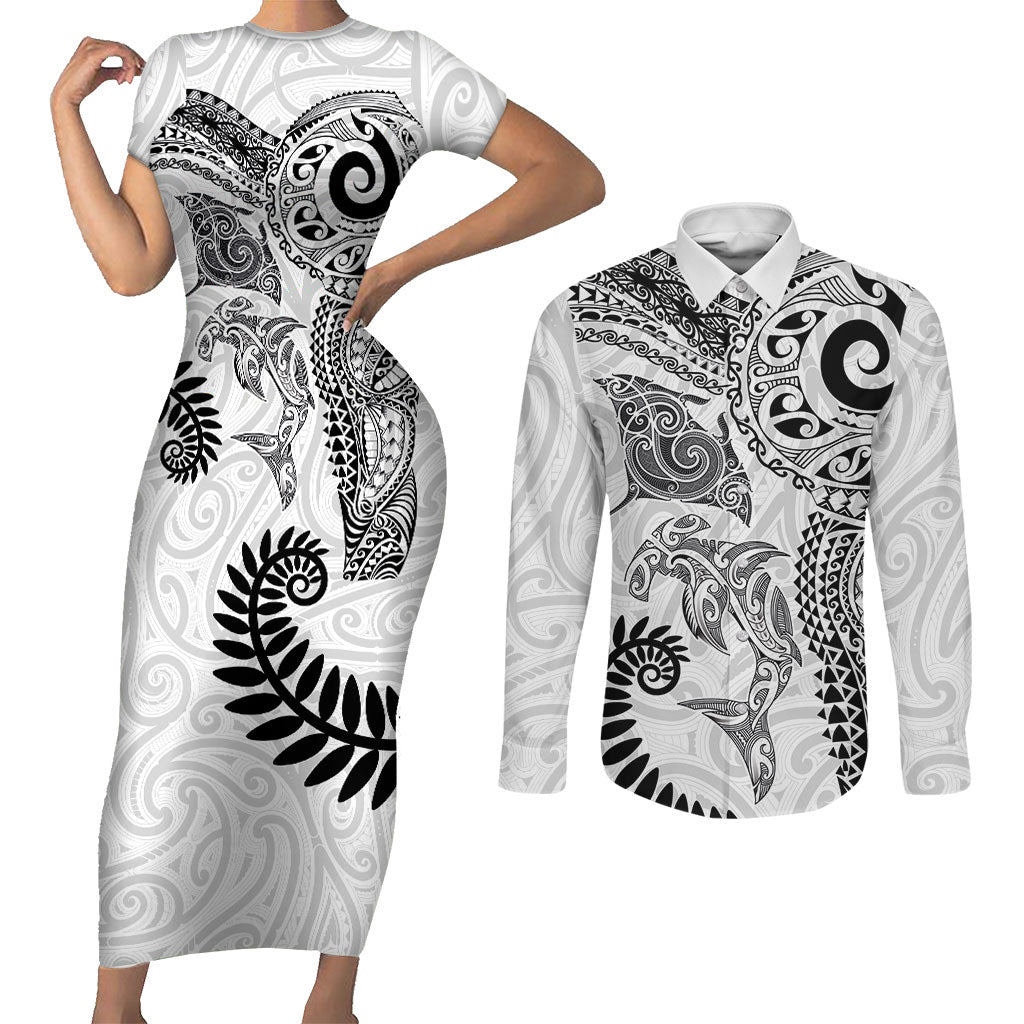 Aotearoa Maori Sea Animals Tribal Couples Matching Short Sleeve Bodycon Dress and Long Sleeve Button Shirt Manta Ray and Shark Moko Pattern White Color