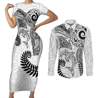 Aotearoa Maori Sea Animals Tribal Couples Matching Short Sleeve Bodycon Dress and Long Sleeve Button Shirt Manta Ray and Shark Moko Pattern White Color