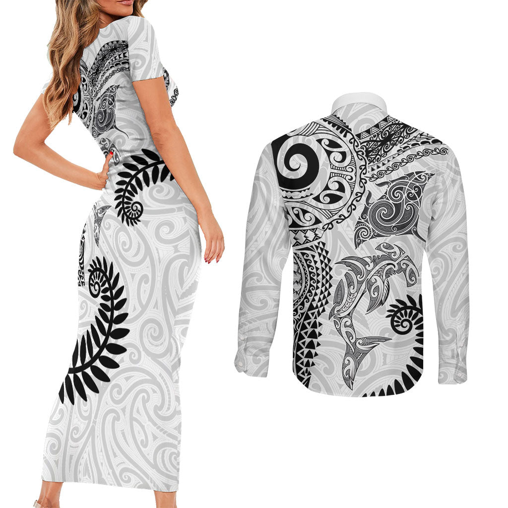 Aotearoa Maori Sea Animals Tribal Couples Matching Short Sleeve Bodycon Dress and Long Sleeve Button Shirt Manta Ray and Shark Moko Pattern White Color