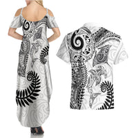 Aotearoa Maori Sea Animals Tribal Couples Matching Summer Maxi Dress and Hawaiian Shirt Manta Ray and Shark Moko Pattern White Color