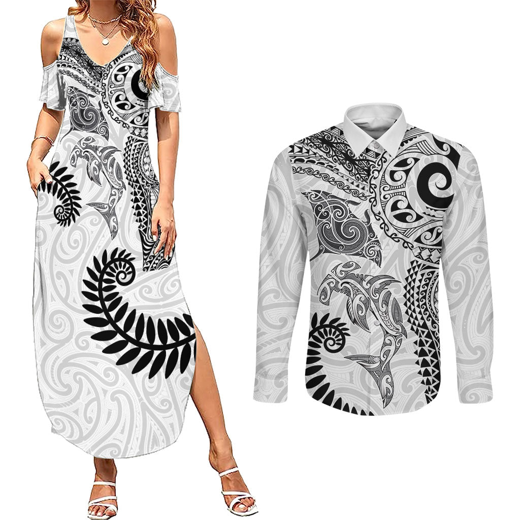 Aotearoa Maori Sea Animals Tribal Couples Matching Summer Maxi Dress and Long Sleeve Button Shirt Manta Ray and Shark Moko Pattern White Color