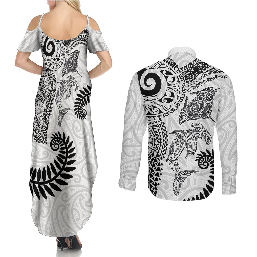 Aotearoa Maori Sea Animals Tribal Couples Matching Summer Maxi Dress and Long Sleeve Button Shirt Manta Ray and Shark Moko Pattern White Color
