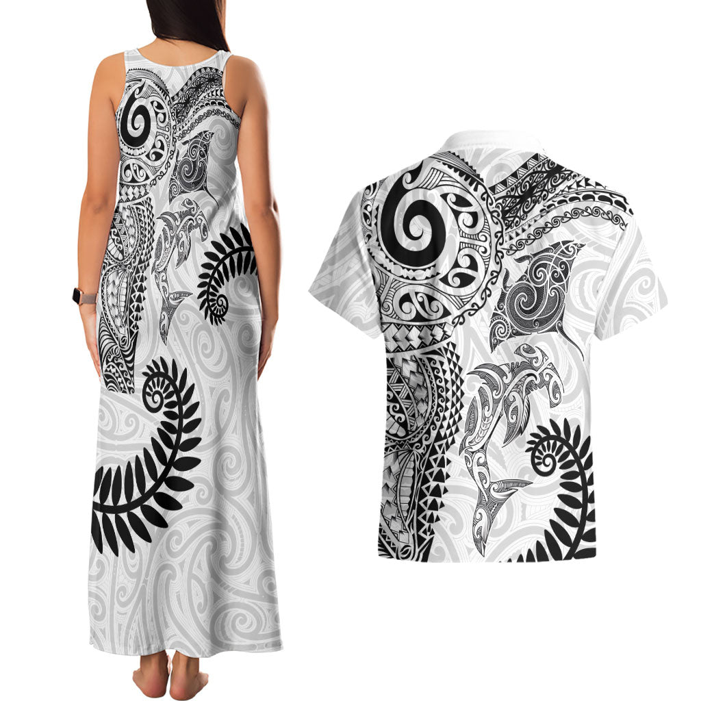 Aotearoa Maori Sea Animals Tribal Couples Matching Tank Maxi Dress and Hawaiian Shirt Manta Ray and Shark Moko Pattern White Color