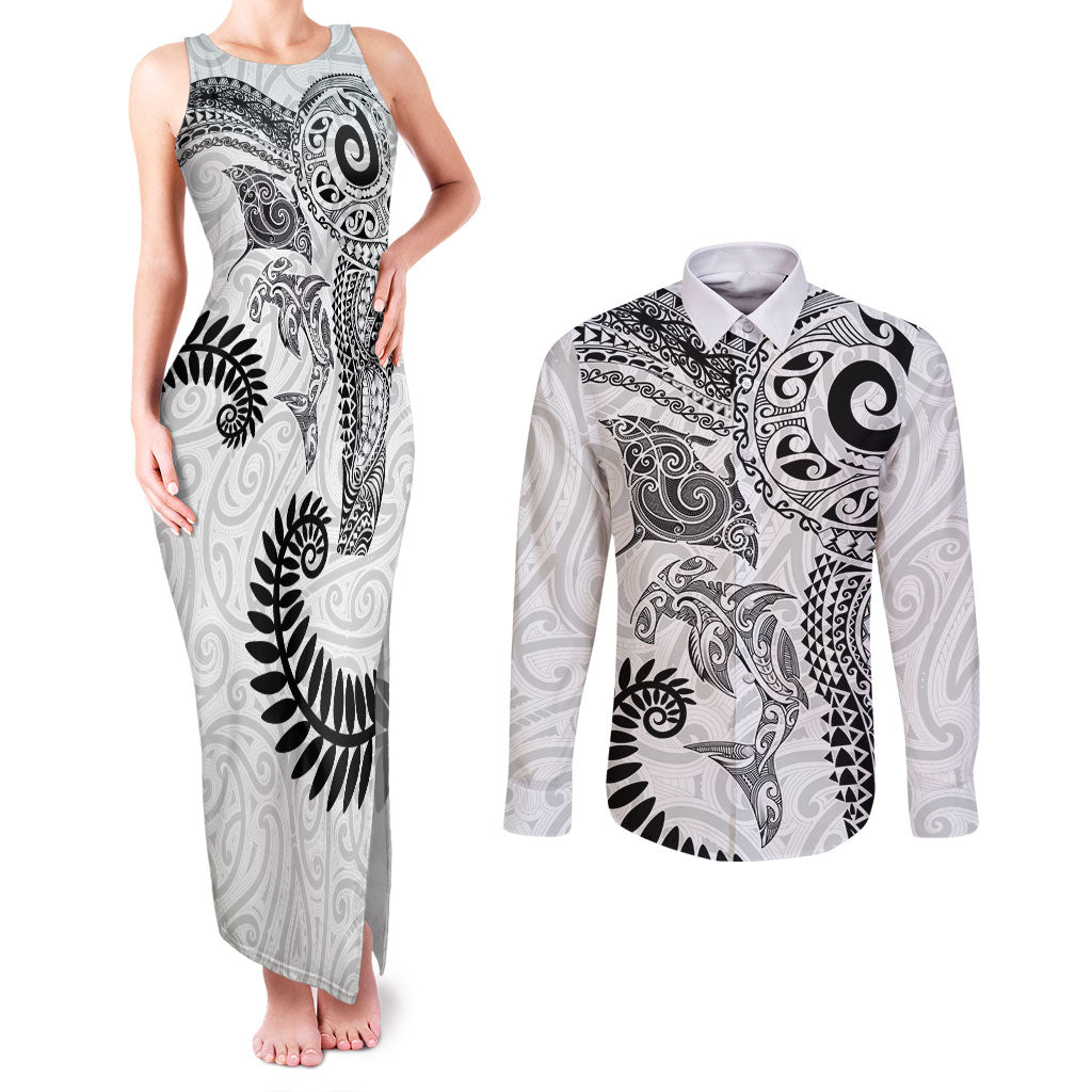 Aotearoa Maori Sea Animals Tribal Couples Matching Tank Maxi Dress and Long Sleeve Button Shirt Manta Ray and Shark Moko Pattern White Color