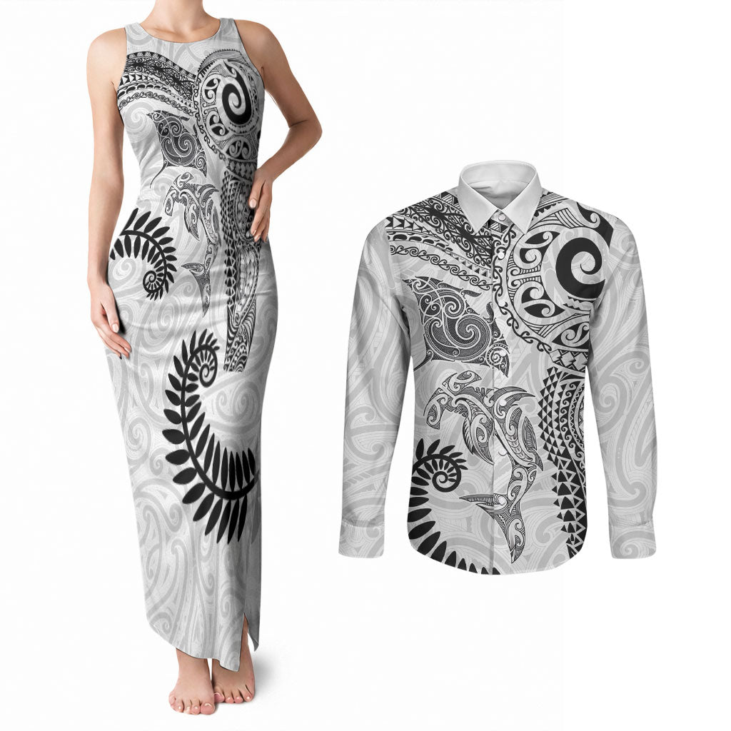 Aotearoa Maori Sea Animals Tribal Couples Matching Tank Maxi Dress and Long Sleeve Button Shirt Manta Ray and Shark Moko Pattern White Color LT03 White - Polynesian Pride