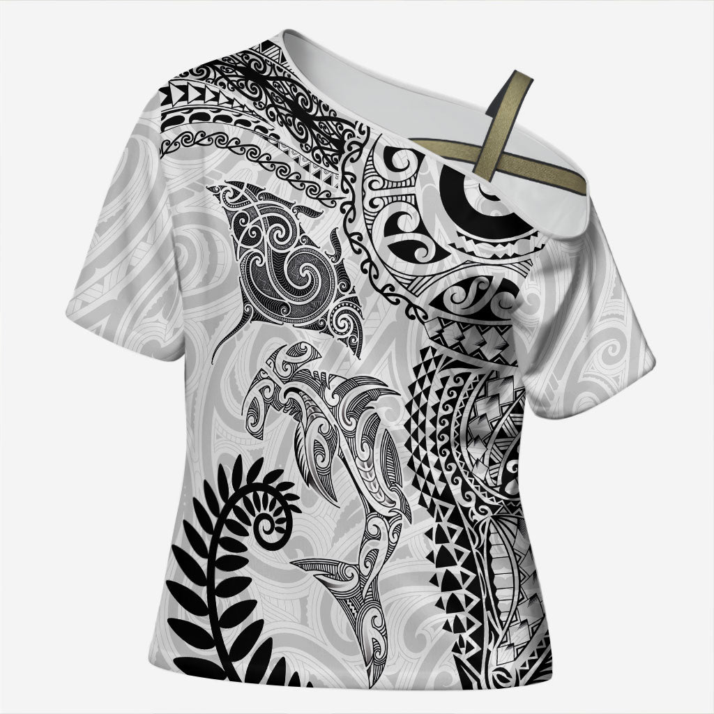 Aotearoa Maori Sea Animals Tribal Cross Shoulder Shirt Manta Ray and Shark Moko Pattern White Color LT03 Female White - Polynesian Pride