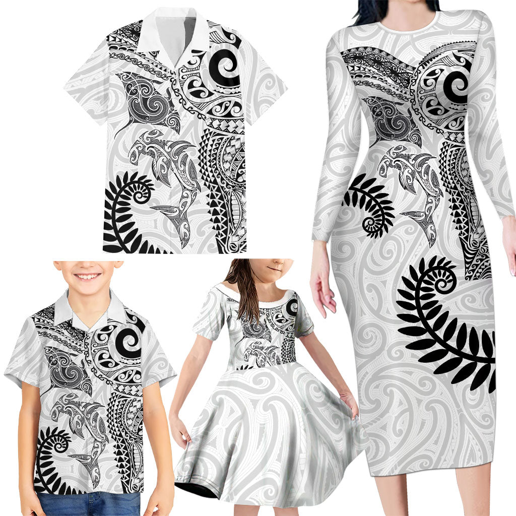 Aotearoa Maori Sea Animals Tribal Family Matching Long Sleeve Bodycon Dress and Hawaiian Shirt Manta Ray and Shark Moko Pattern White Color