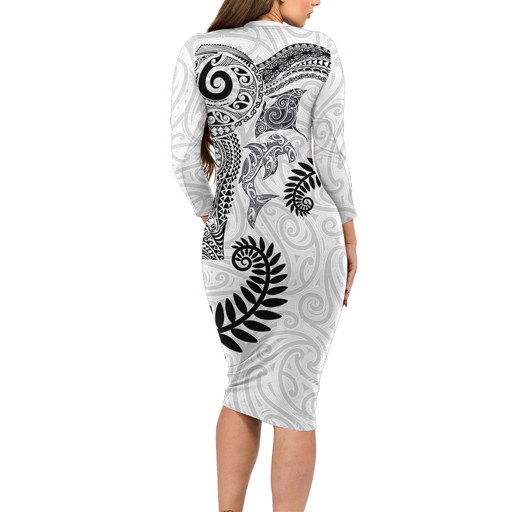 Aotearoa Maori Sea Animals Tribal Family Matching Long Sleeve Bodycon Dress and Hawaiian Shirt Manta Ray and Shark Moko Pattern White Color