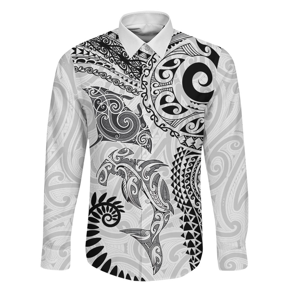 Aotearoa Maori Sea Animals Tribal Family Matching Mermaid Dress and Hawaiian Shirt Manta Ray and Shark Moko Pattern White Color
