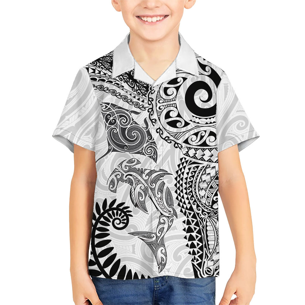 Aotearoa Maori Sea Animals Tribal Family Matching Mermaid Dress and Hawaiian Shirt Manta Ray and Shark Moko Pattern White Color