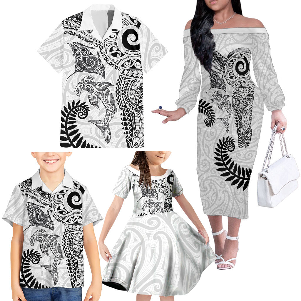 Aotearoa Maori Sea Animals Tribal Family Matching Off The Shoulder Long Sleeve Dress and Hawaiian Shirt Manta Ray and Shark Moko Pattern White Color