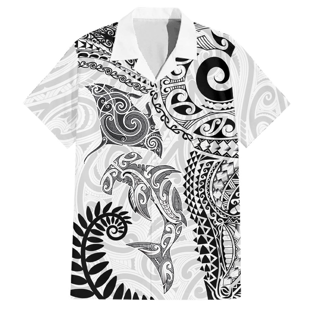 Aotearoa Maori Sea Animals Tribal Family Matching Off The Shoulder Long Sleeve Dress and Hawaiian Shirt Manta Ray and Shark Moko Pattern White Color
