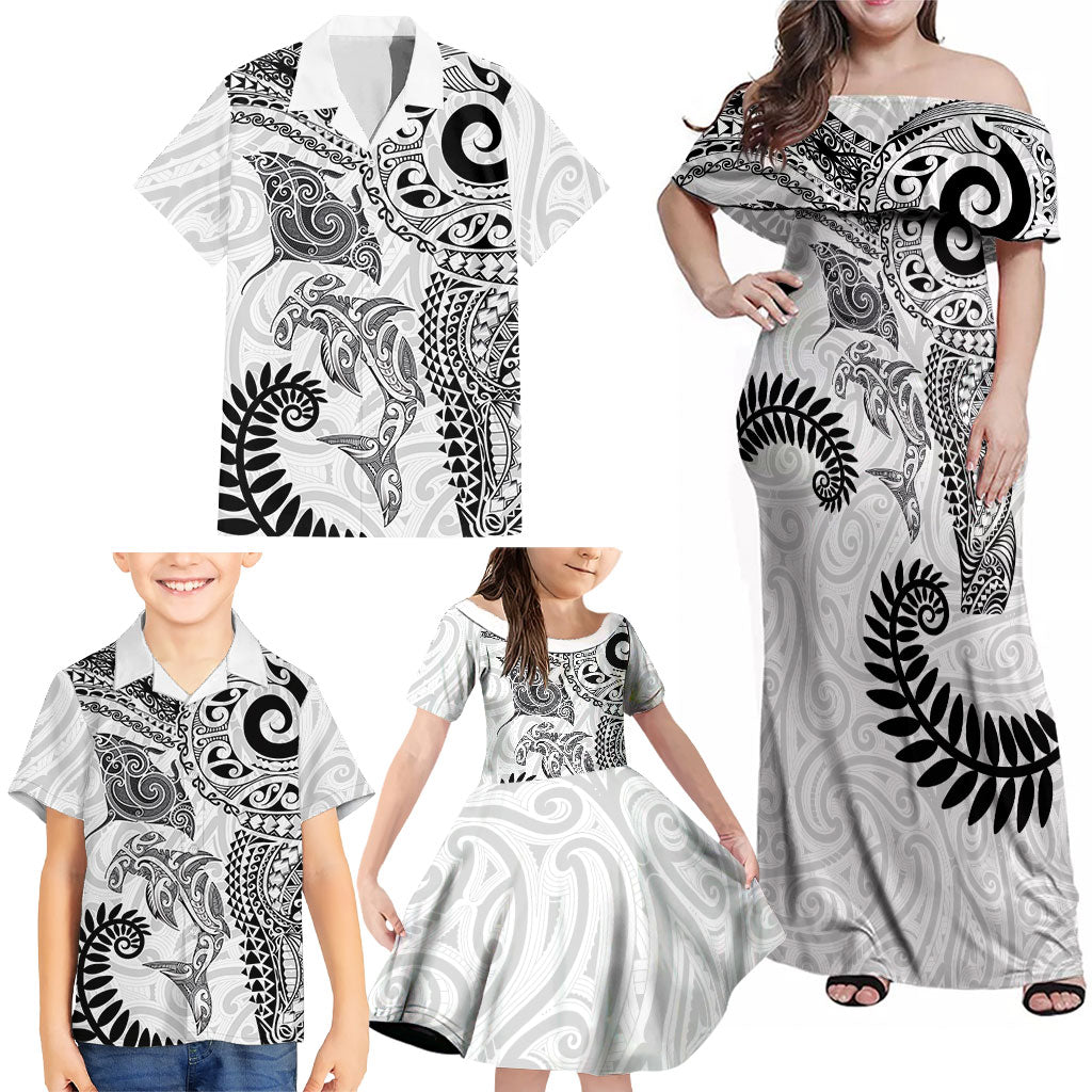 Aotearoa Maori Sea Animals Tribal Family Matching Off Shoulder Maxi Dress and Hawaiian Shirt Manta Ray and Shark Moko Pattern White Color