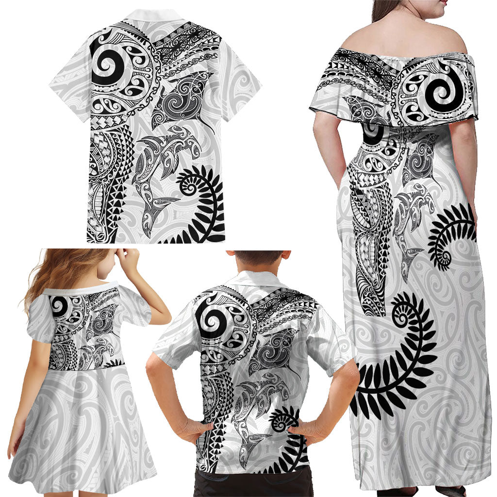Aotearoa Maori Sea Animals Tribal Family Matching Off Shoulder Maxi Dress and Hawaiian Shirt Manta Ray and Shark Moko Pattern White Color